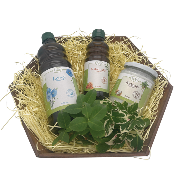 Geschenkpaket Öle (Leinöl 500ml / Hanföl 250ml / Kokosöl 250ml)