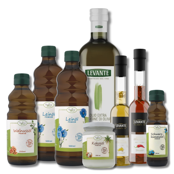 Öl-Bundle Extra (Leinöl / Walnussöl / Kokosöl / Olivenöl / Mandelöl / Schwarzkümmelöl)