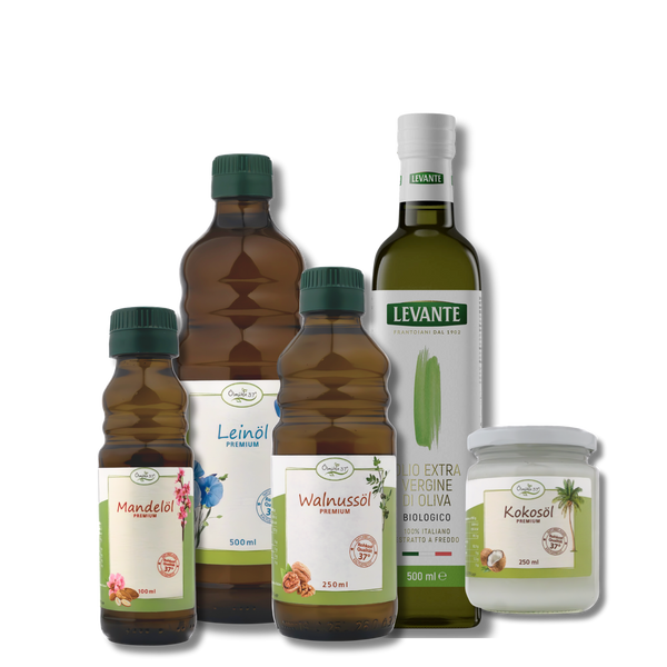 Öl-Bundle Groß (Leinöl / Walnussöl / Kokosöl / Olivenöl / Mandelöl)